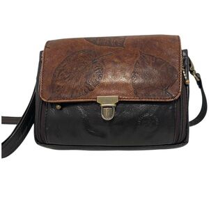 Atelier Leather Leaf Embossed Black & Brown Adjustable Shoulder Crossbody - EC